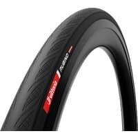 Black Vittoria Rubino V Tubeless Ready G2.0 700c road bike tyre with red and white branding and textured tread pattern.