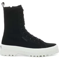 Black matte Superga women's boots with high-top design, lace-up front, and thick white rubber sole.