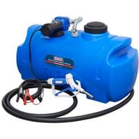Blue Sealey ADB100T 100L portable AdBlue tank with black 12V pump, hose, and nozzle.