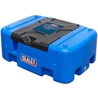 Blue Sealey ADB200T 200L portable tank with black lid, integrated 12V pump, and Sealey logo on the side.