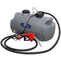 Gray Sealey 100L portable diesel tank with red nozzle, black hose, and 12V pump attached on top.