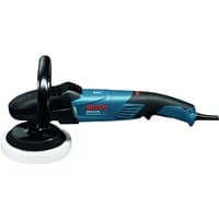 Bosch GPO 14 CE blue and black polisher with ergonomic handle and white polishing pad, corded design.