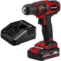 Red and black Einhell cordless drill with 18V battery, charger, and ergonomic grip.