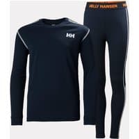 Navy Helly Hansen Junior base layer set with long sleeves, white logo on chest, orange waistband, and white side stripes.