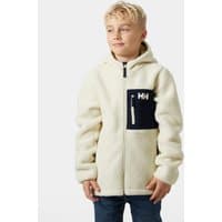 White Helly Hansen juniors' fleece jacket with hood, black chest pocket, and zipper closure.