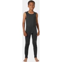 Black Helly Hansen juniors’ salopette with sleeveless design, snug fit, and reinforced knee patches.