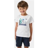 White Helly Hansen kids' T-shirt featuring ocean-themed graphics and navy shorts.