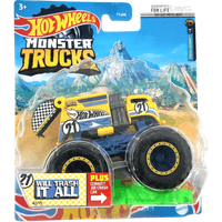 Yellow and blue Hot Wheels Will Trash It All 1:64 Monster Truck with large black tires and checkered flag design.
