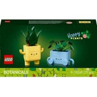 LEGO Botanicals Happy Plants set with yellow and blue plant pots, smiling faces, and green leaves.