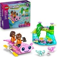 LEGO Friends Axolotl Adventure Boat set with pink axolotl boat, two figures, and colorful aquatic scenery.