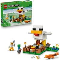 LEGO Minecraft Chicken Farm set with chicken-shaped coop, figures, and accessories, box in background.