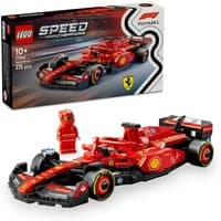 Red LEGO Ferrari SF-24 F1 race car toy with driver minifigure, featuring aerodynamic design and sponsor logos on box.