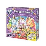 Orchard Toys Unicorn Fun! board game box with colorful unicorns, numbers, and counting elements for kids aged 4-8.