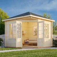 Corner log cabin summerhouse with natural wood finish, large windows, and double doors, set in a garden.