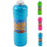 Giant 1L blue bottle of bubble mixture with white cap, colorful label, and wand for bubble machines.