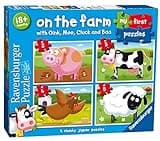 Ravensburger My First Puzzle box with farm animal images: pig, cow, duck, and sheep on blue background.