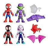Spider-Man action figures set with Spider-Man, Green Goblin, and accessories in red, purple, and pink.