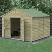 Wooden shed with double doors, apex roof, shiplap cladding, pressure-treated, windowless, in a garden setting.