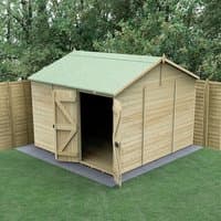 Wooden 10' x 10' windowless shed with double doors, reverse apex roof, tongue and groove panels, set on grass.