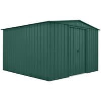 Green metal shed with apex roof, double sliding doors, and vertical paneling, measuring 10' x 10'.