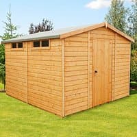 Wooden garden shed with apex roof, natural finish, double doors, and small windows near the roofline.