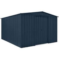 Anthracite grey metal shed with apex roof, double sliding doors, and vertical panel design, 10' x 12' size.