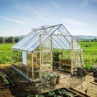 Silver Palram Canopia Balance greenhouse, 10' x 12', with clear panels and a peaked roof, set in a garden.