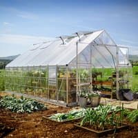 Silver Palram Canopia Balance greenhouse, 10' x 20', with clear panels and a pitched roof, set in a garden.