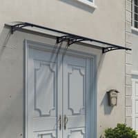 Grey Palram Canopia door canopy, 10' x 3', with clear panel and black brackets over double doors.