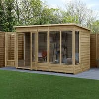 Wooden pent-roof summer house with double doors, large windows, and natural finish, set on a patio with fencing.