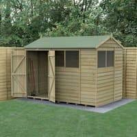10' x 6' wooden shed with reverse apex roof, double doors, and four windows, set on a grassy area with a wooden fence.
