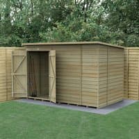 Wooden shed with double doors, windowless, overlap cladding, pressure-treated, set on grass with fence backdrop.