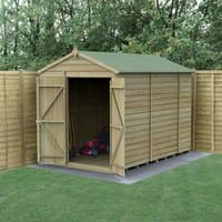 Wooden apex shed, 10' x 6', windowless, double doors, overlap cladding, green roof, set on concrete base in garden.