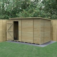 Wooden shed with overlap panels, flat roof, single door, windowless design, set on a grass lawn with fence backdrop.