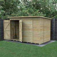 Wooden shiplap shed, 10' x 6', windowless, double doors open, pressure treated, flat roof, set on grass.