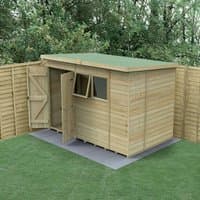 Wooden garden shed with double doors, tongue and groove panels, pressure-treated timber, and a green flat roof.