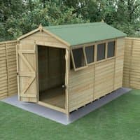 Wooden apex shed with double doors, green roof, tongue and groove panels, and three windows on the side.