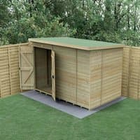 Wooden windowless pent shed with double doors, tongue and groove panels, and a green roof, set on a concrete base.