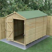 Wooden windowless shed with double doors, apex roof, tongue and groove panels, green felt roof, set on concrete base.