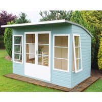 Light blue wooden garden summerhouse with large windows, white double doors, and a slanted roof on a wooden base.