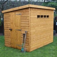 Wooden garden shed with shiplap cladding, pent roof, single door, and small rectangular windows on the side.