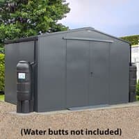 Dark gray metal garden workshop shed with double doors and sloped roof, surrounded by greenery.