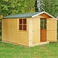 Wooden garden shed with double doors, apex roof, side window, and natural finish, measuring 10' x 7'.