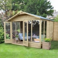 Wooden double door apex summer house with large windows, natural finish, and a sloped roof, set in a garden.