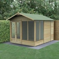 Wooden apex summer house with double doors, large windows, and green roof, set in a garden.