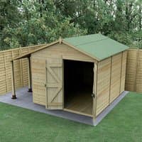 Wooden apex shed with double doors, windowless design, and attached logstore, featuring pressure-treated tongue and groove panels.