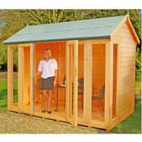 Wooden summerhouse with double doors, large windows, and a green roof, measuring 10'3 x 6'5 by Shire Blenheim.