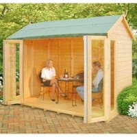 Wooden summerhouse with green roof, double glass doors, and open sides, featuring a natural wood finish.