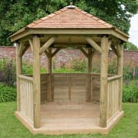 Luxury wooden garden gazebo with New England cedar roof, hexagonal shape, and open sides, seats up to 10 people.