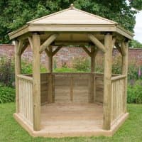 Luxury wooden garden gazebo with timber roof, hexagonal shape, natural wood finish, open sides, seats up to 10 people.